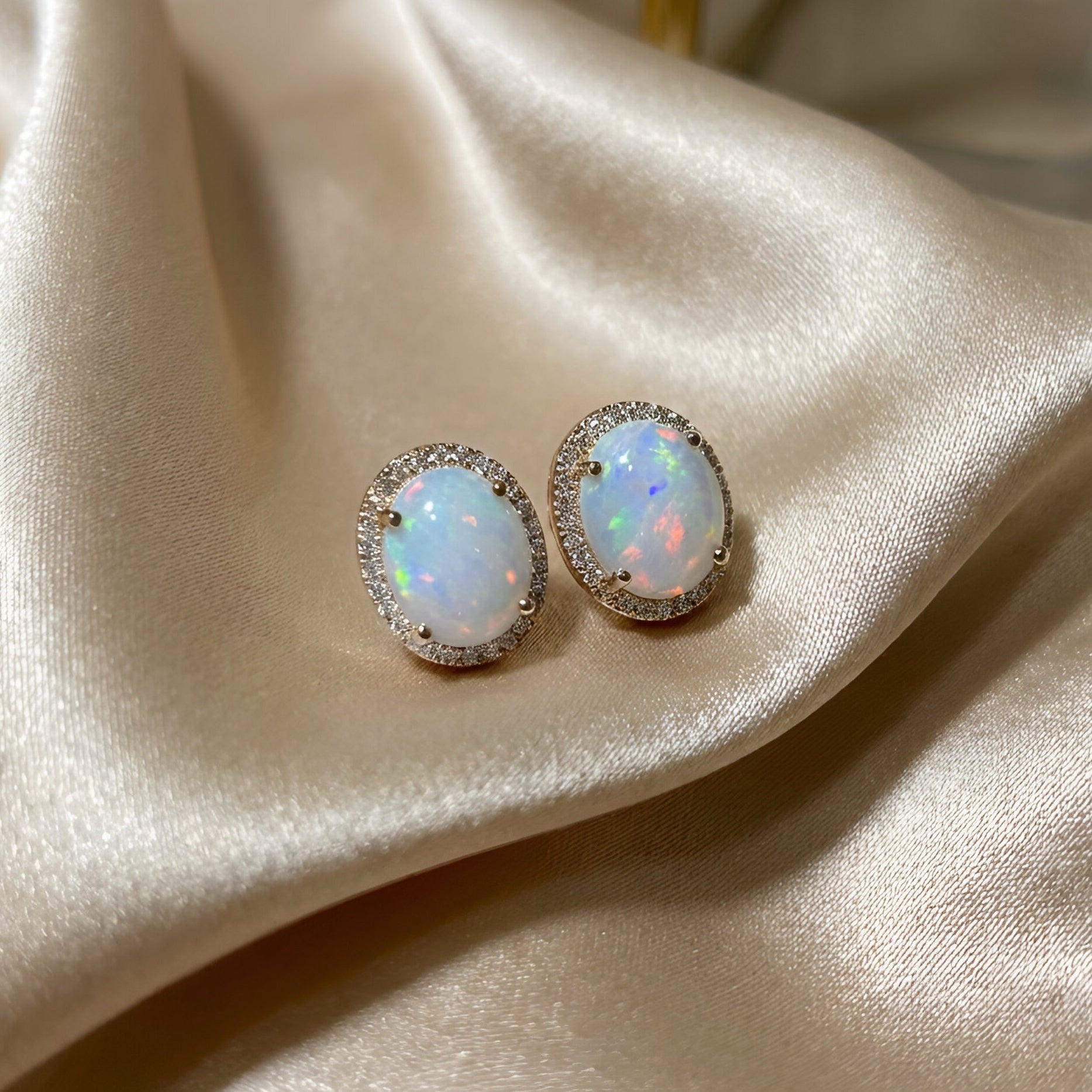 Opal Diamond Earrings in 14k Yellow Gold