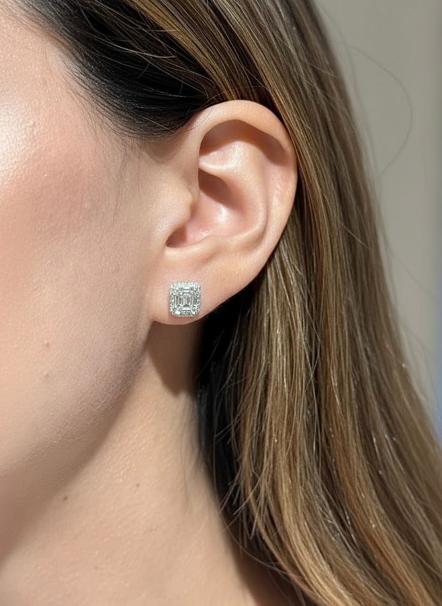 Emerald Cut Diamond Studs 18K White Gold