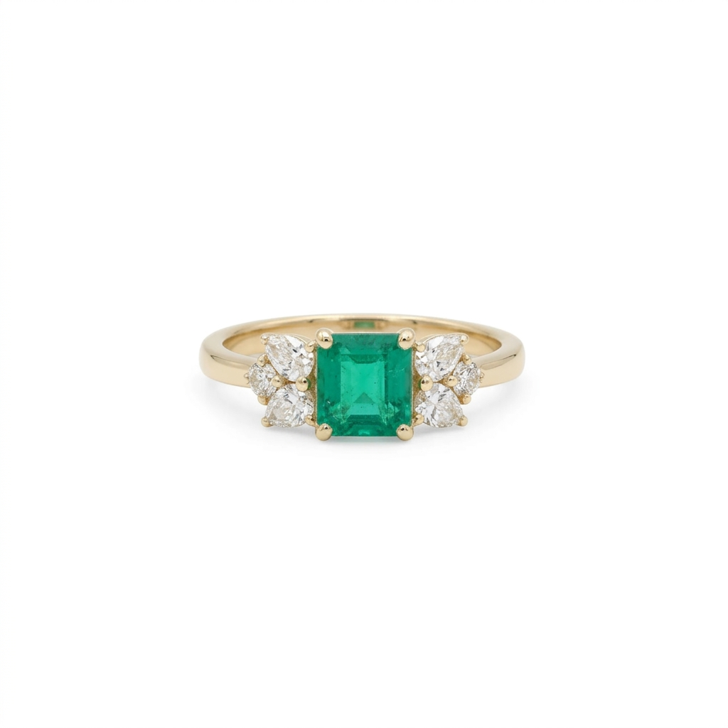 Emerald & Diamond Floral Ring in 18K Yellow Gold – 0.69 CT Emerald & 0.48 CTW Diamonds