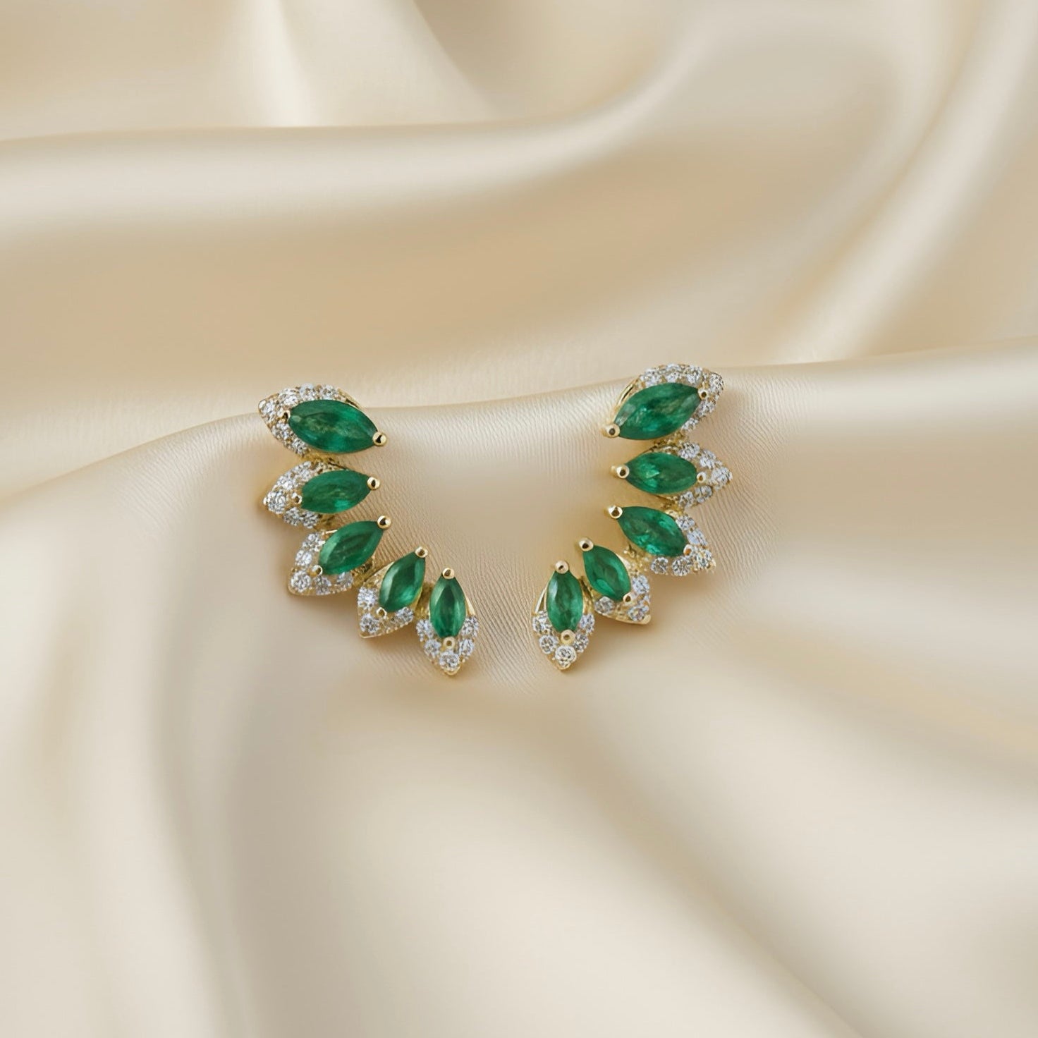 Emerald & Diamond Ear Crawler Earrings in 18K Yellow Gold – Marquise Cut Fine Jewelry