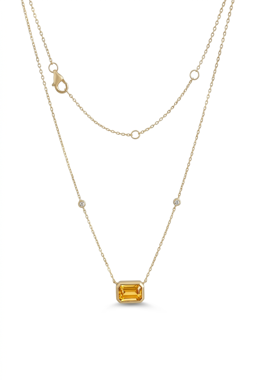 Emerald-Cut Citrine & Diamond Pendant Necklace in 14K Yellow Gold – 1.53 CT Citrine