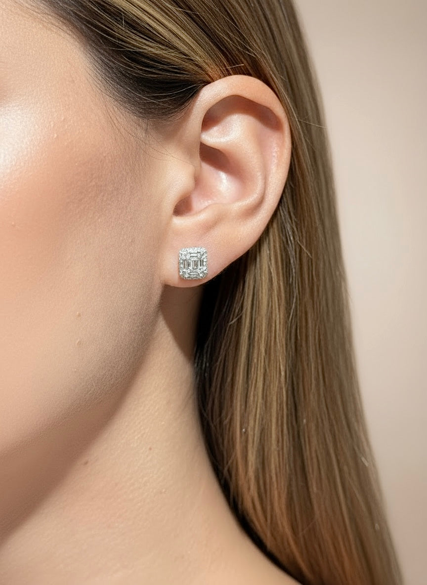 Emerald Cut Diamond Studs 18K White Gold