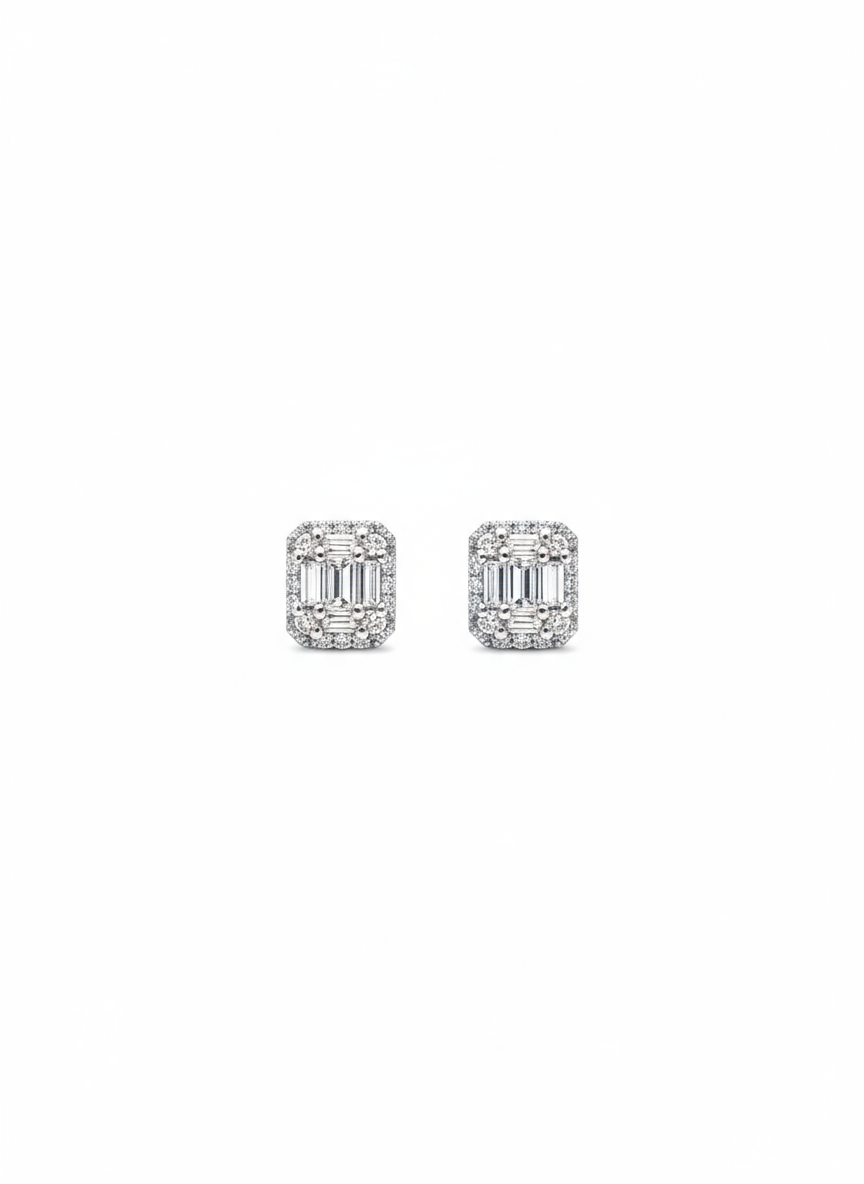 Emerald Cut Diamond Studs 18K White Gold