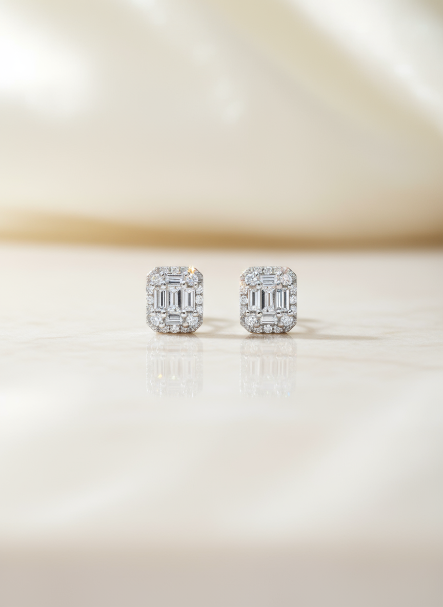Emerald Cut Diamond Studs 18K White Gold