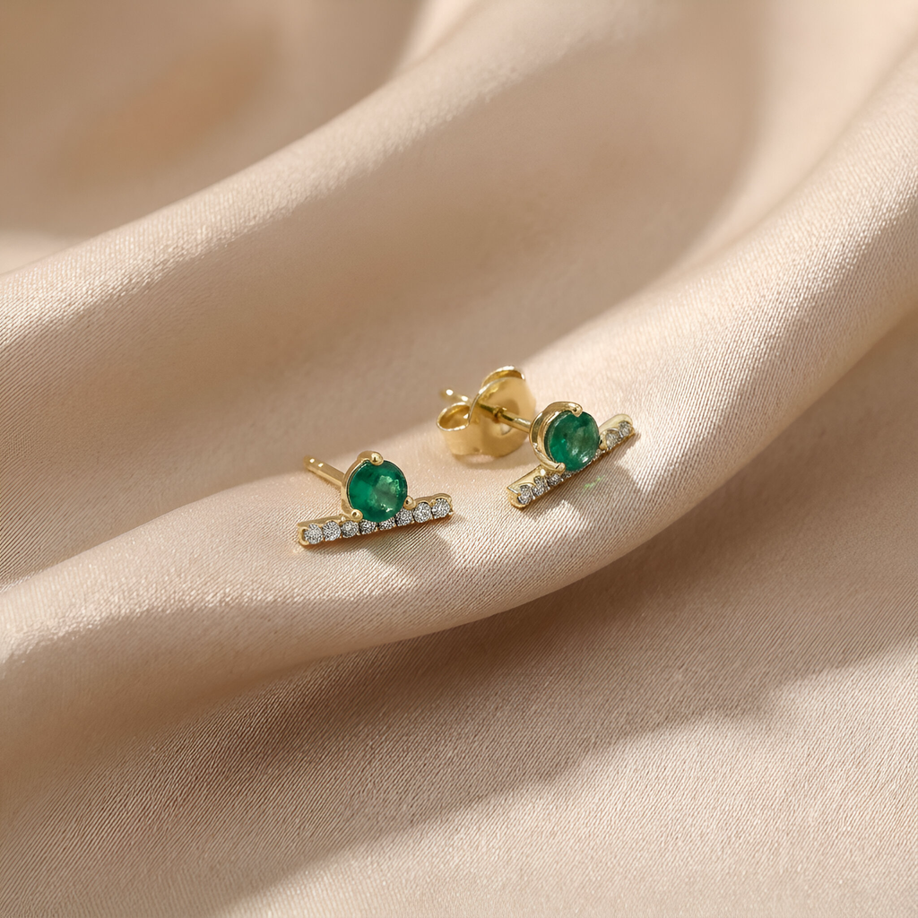 Diamond Emerald Studs in 14K Yellow Gold