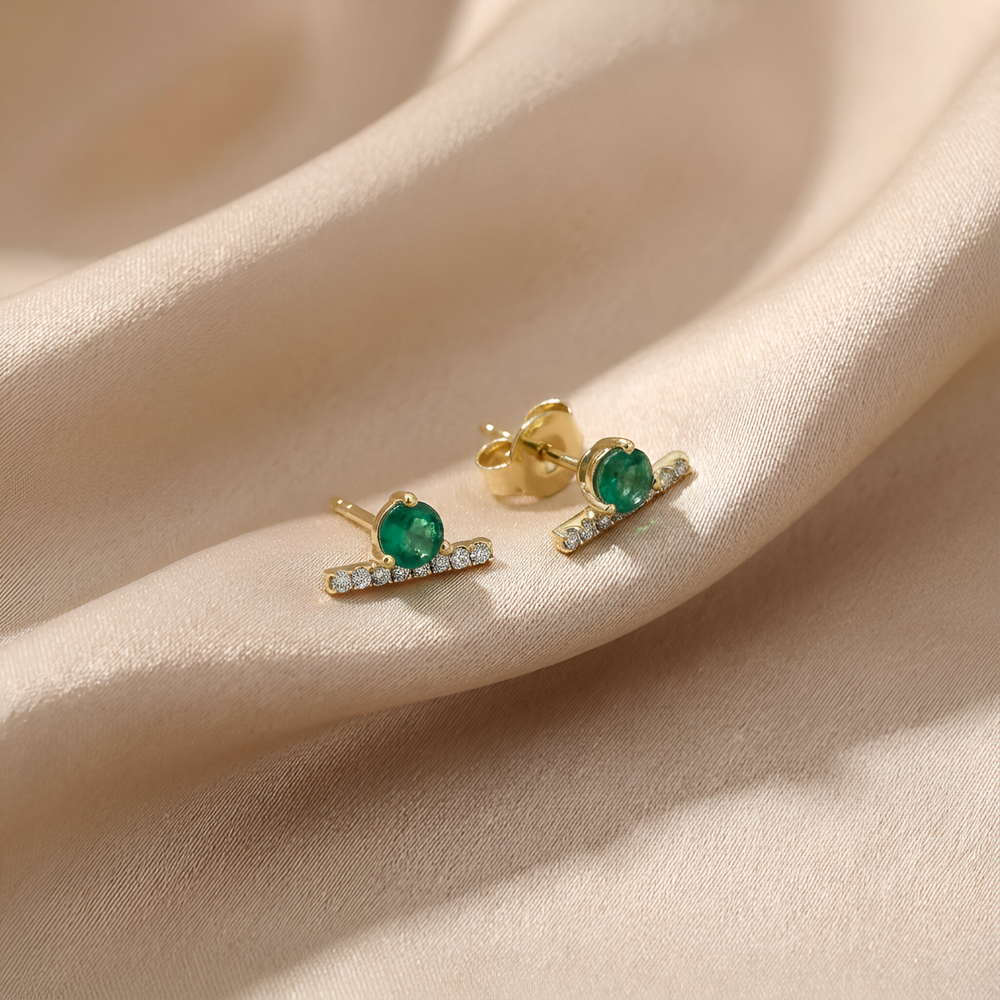 Diamond Emerald Studs in 14K Yellow Gold