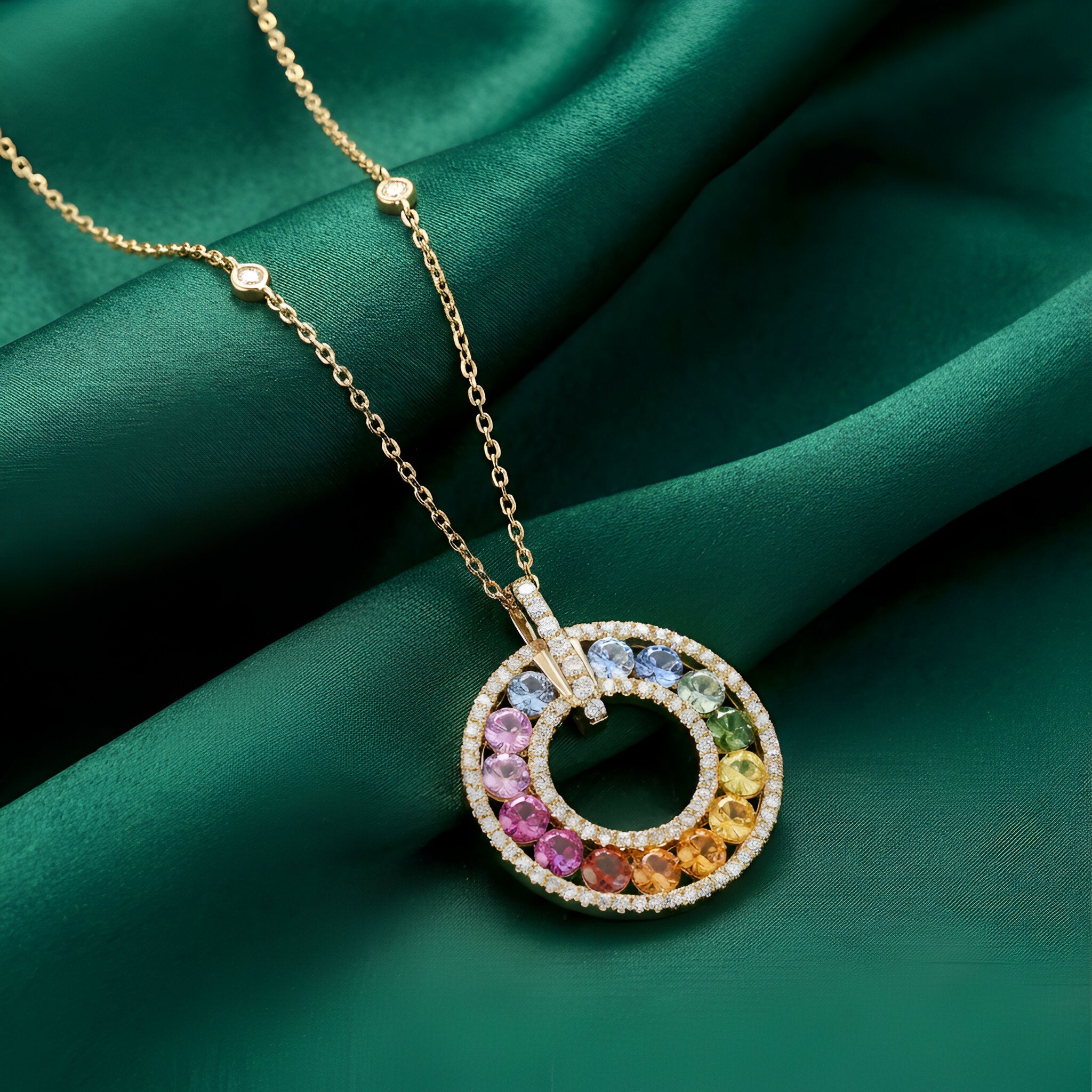 Rainbow Sapphire Diamond Necklace in 14K Yellow Gold
