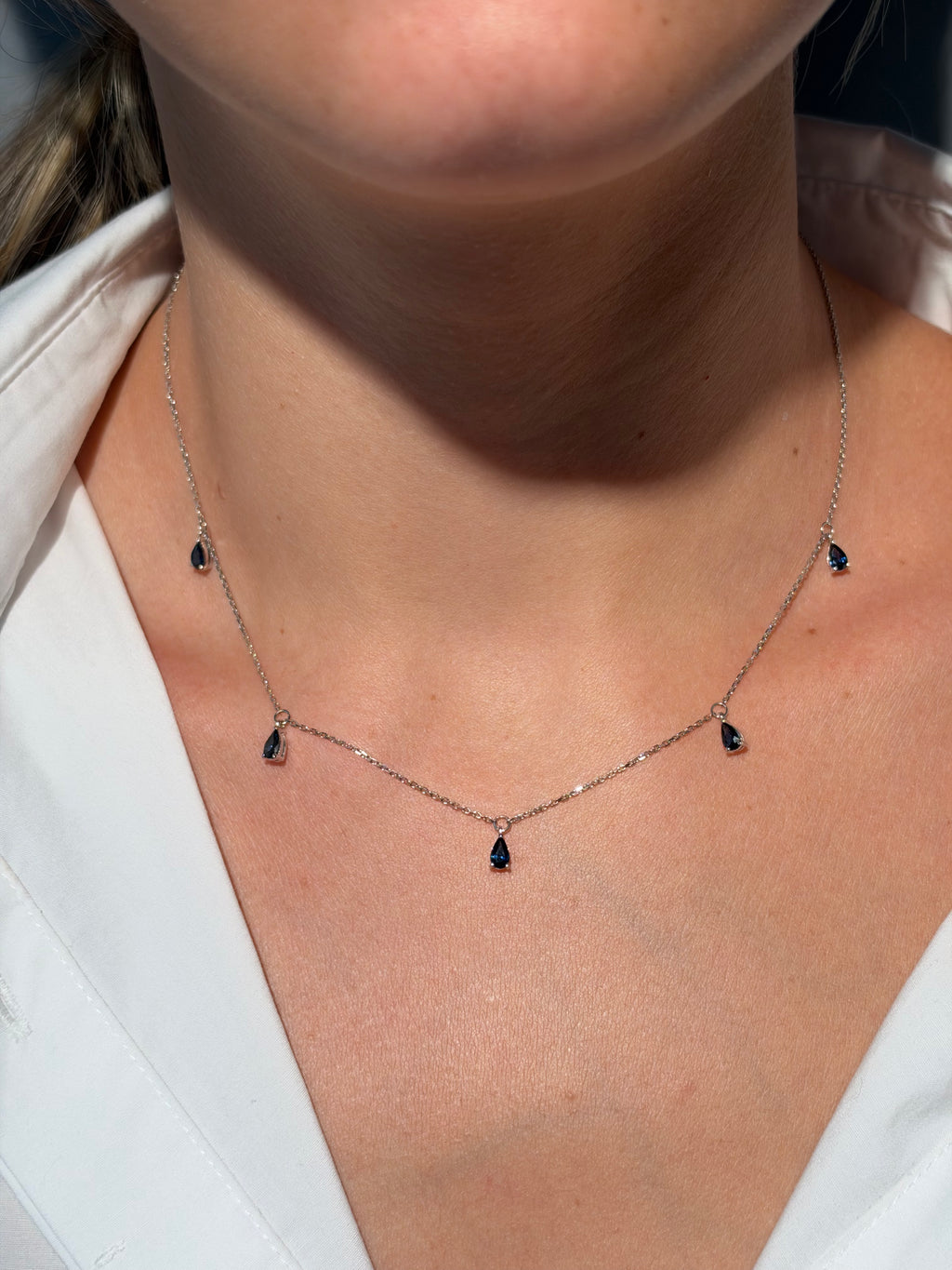 Pear Shape Sapphire Necklace in 14k White Gold