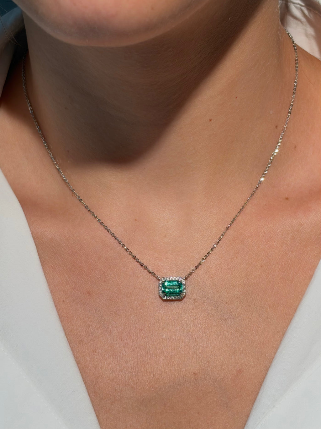 Diamond Emerald Necklace in 14K White Gold