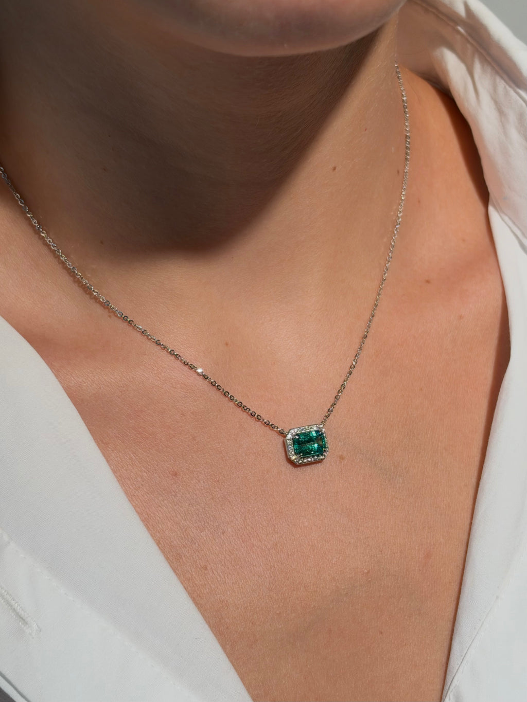 Diamond Emerald Necklace in 14K White Gold