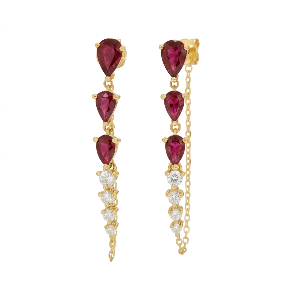 Ruby & Diamond Graduated Chain Earrings in 14K Yellow Gold – Elegant Fine Jewelry