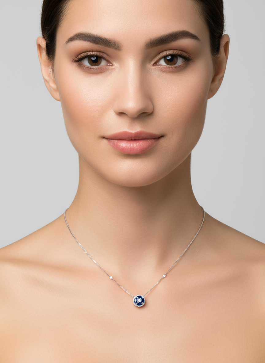 Diamond Sapphire Necklace in 14K White Gold