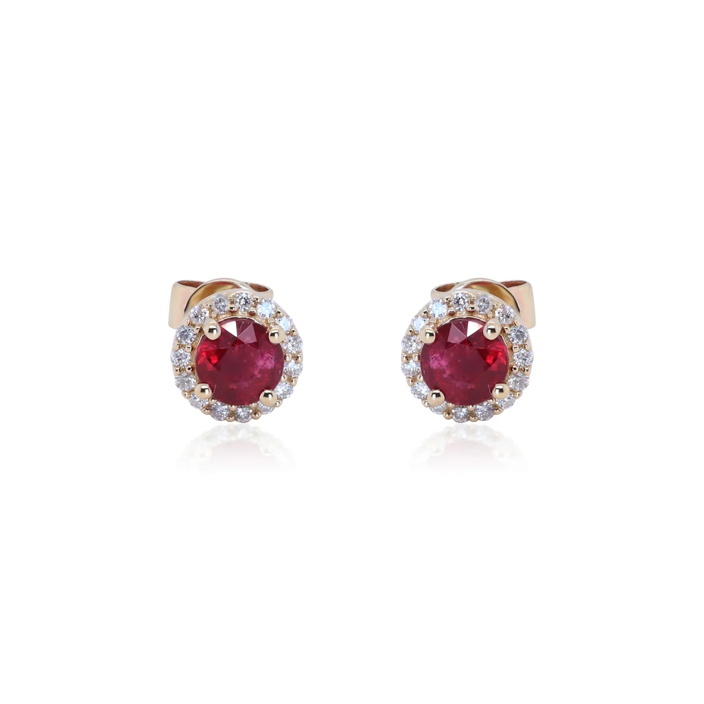 Ruby Diamond Halo Earring Studs 14k Yellow Gold