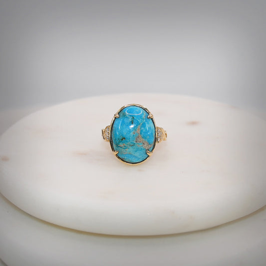 Turquoise Diamond Ring 14k Yellow Gold Size 7