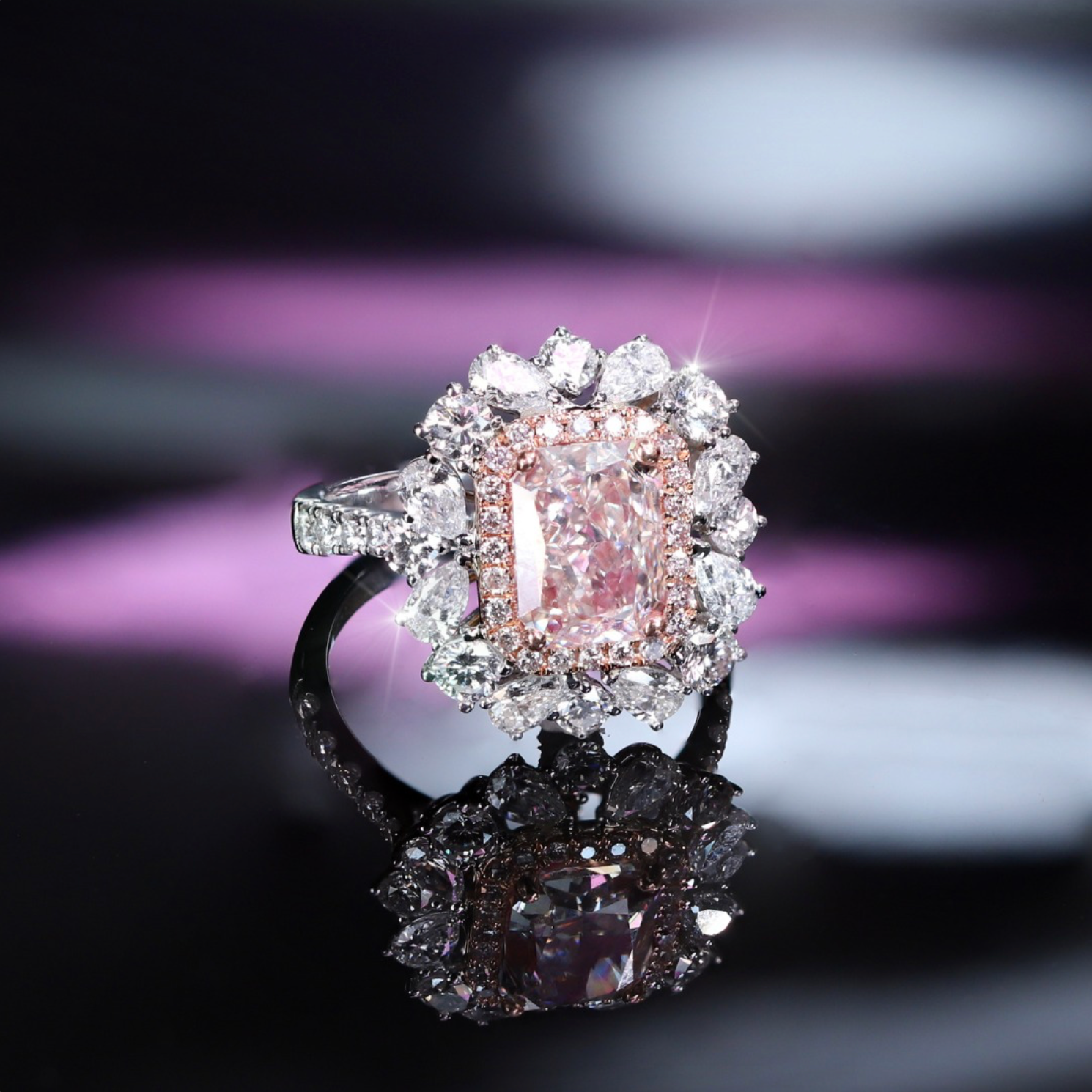 Pink and White Diamond Cocktail Ring in 18K White Gold