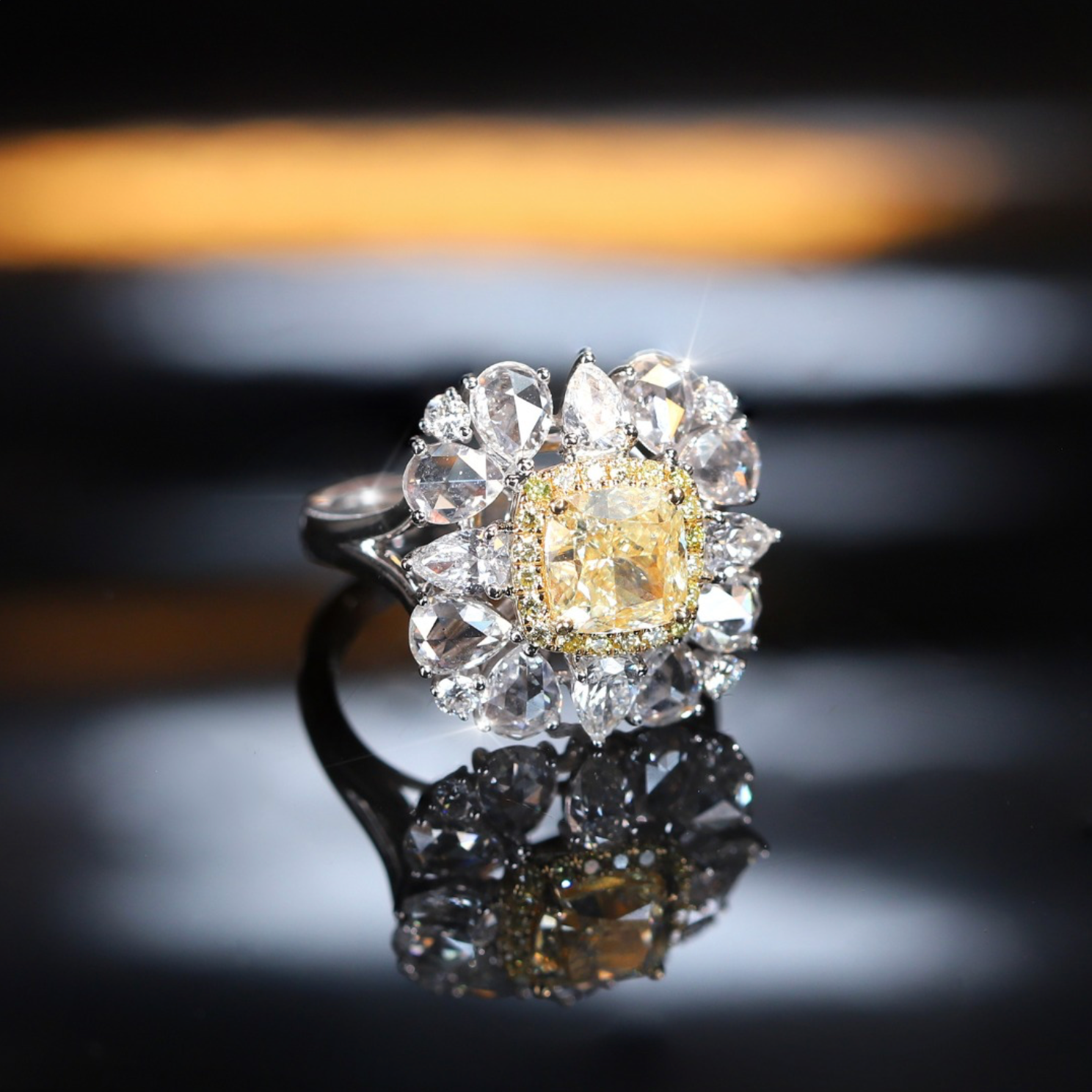 Yellow and White Diamond Cocktail Ring in 18K White Gold