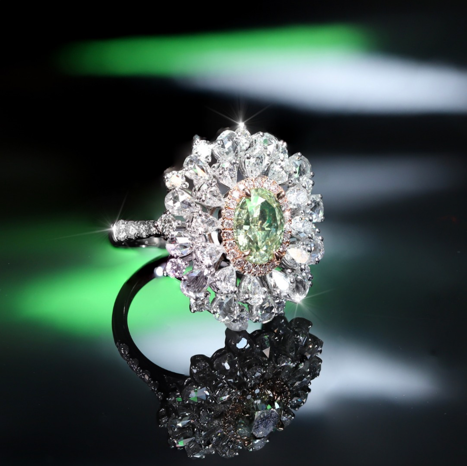 Green and White Diamond Cocktail Ring in 18K White Gold