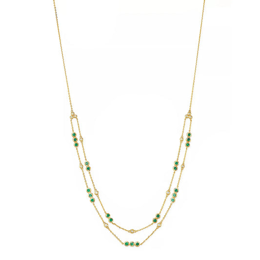 Multi Layered Emerald Diamond Necklace 14k Yellow Gold