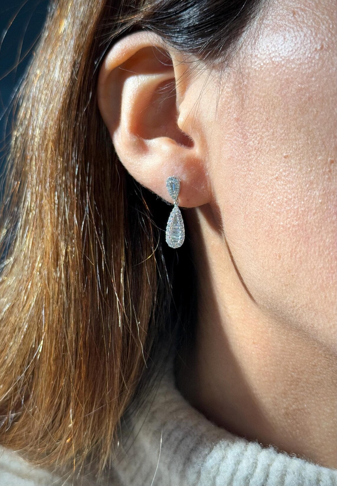 Drop Diamond Stud Earrings in 14k White Gold