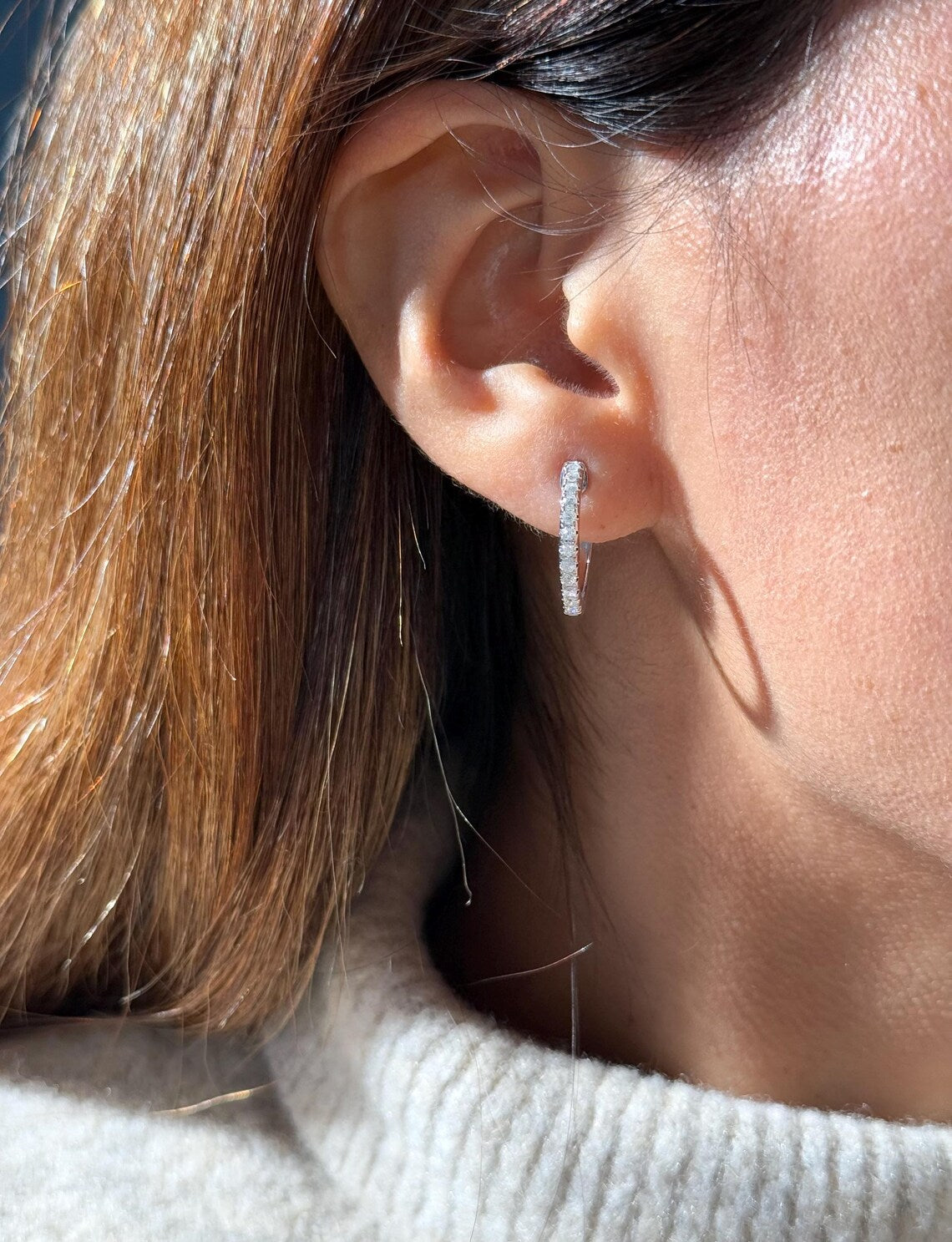 Diamond Hoop .75" Earrings in 14k White Gold