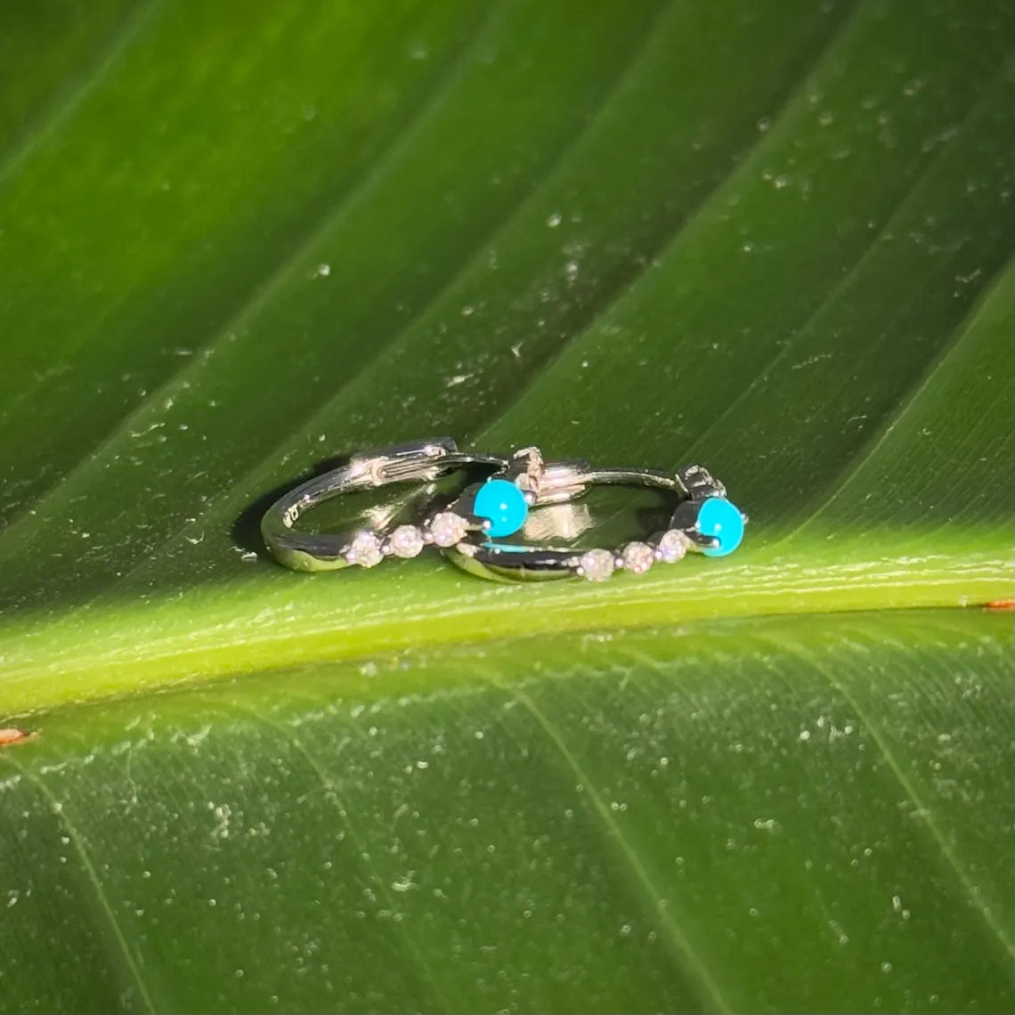 Diamond Turquoise Hoop .55" Earrings in 14k White Gold
