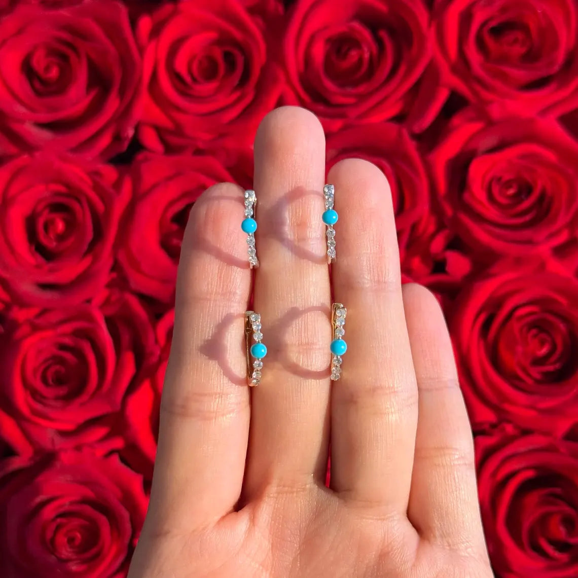 Diamond Turquoise Hoop .55" Earrings in 14k White Gold