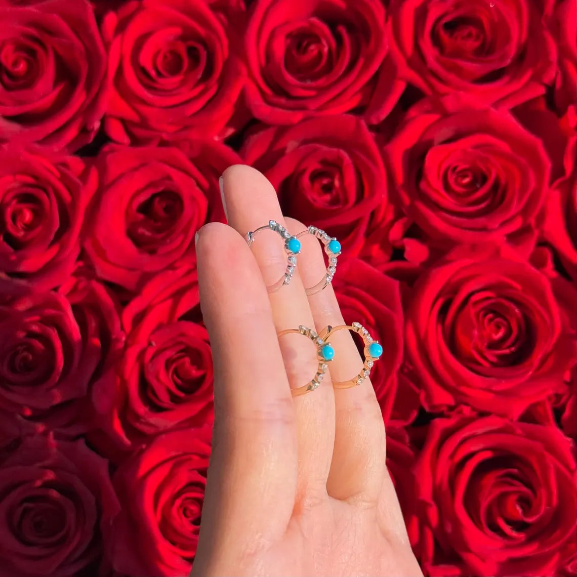 Diamond Turquoise Hoop .55" Earrings in 14k Yellow Gold