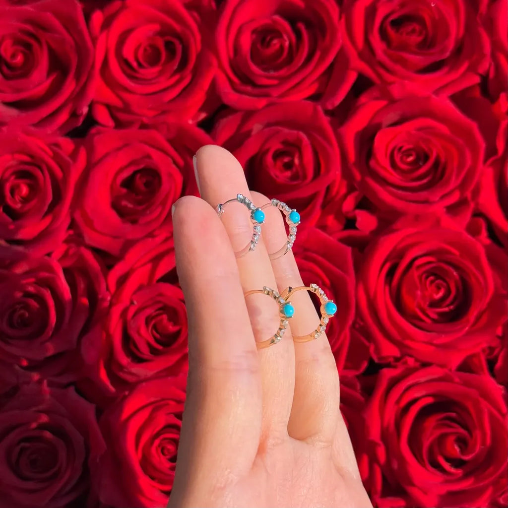 Diamond Turquoise Hoop .55" Earrings in 14k White Gold