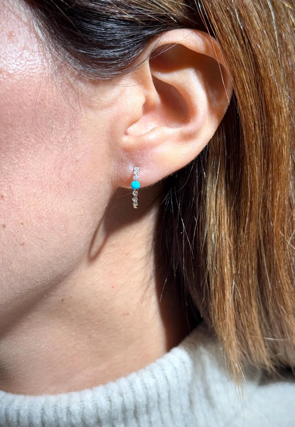 Diamond Turquoise Hoop .55" Earrings in 14k White Gold