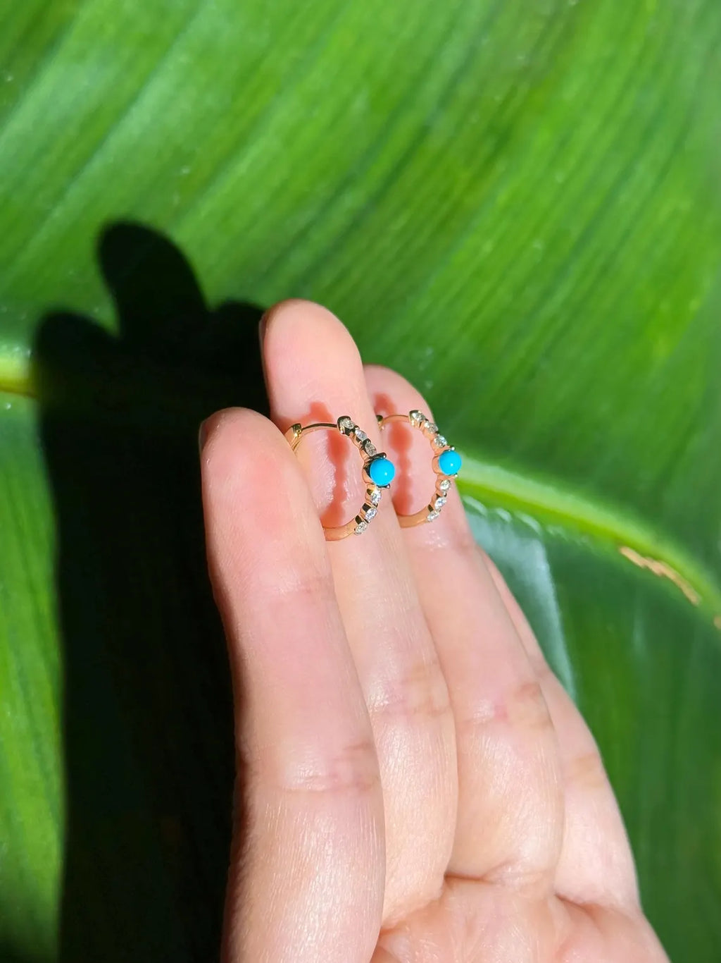 Diamond Turquoise Hoop .55" Earrings in 14k Yellow Gold