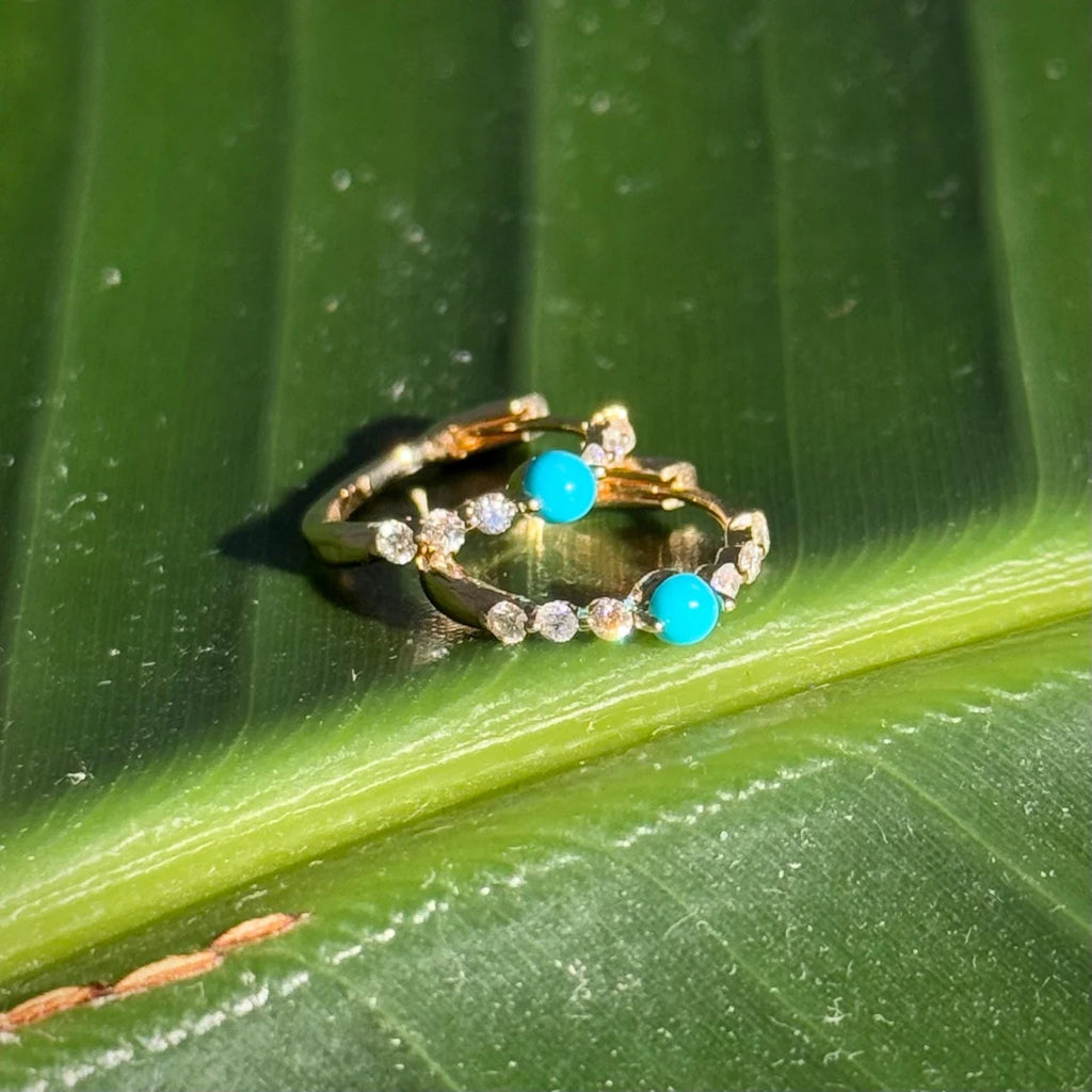 Diamond Turquoise Hoop .55" Earrings in 14k Yellow Gold