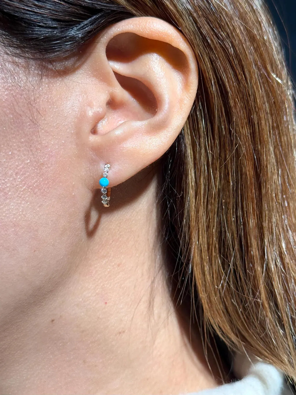 Diamond Turquoise Hoop .55" Earrings in 14k Yellow Gold