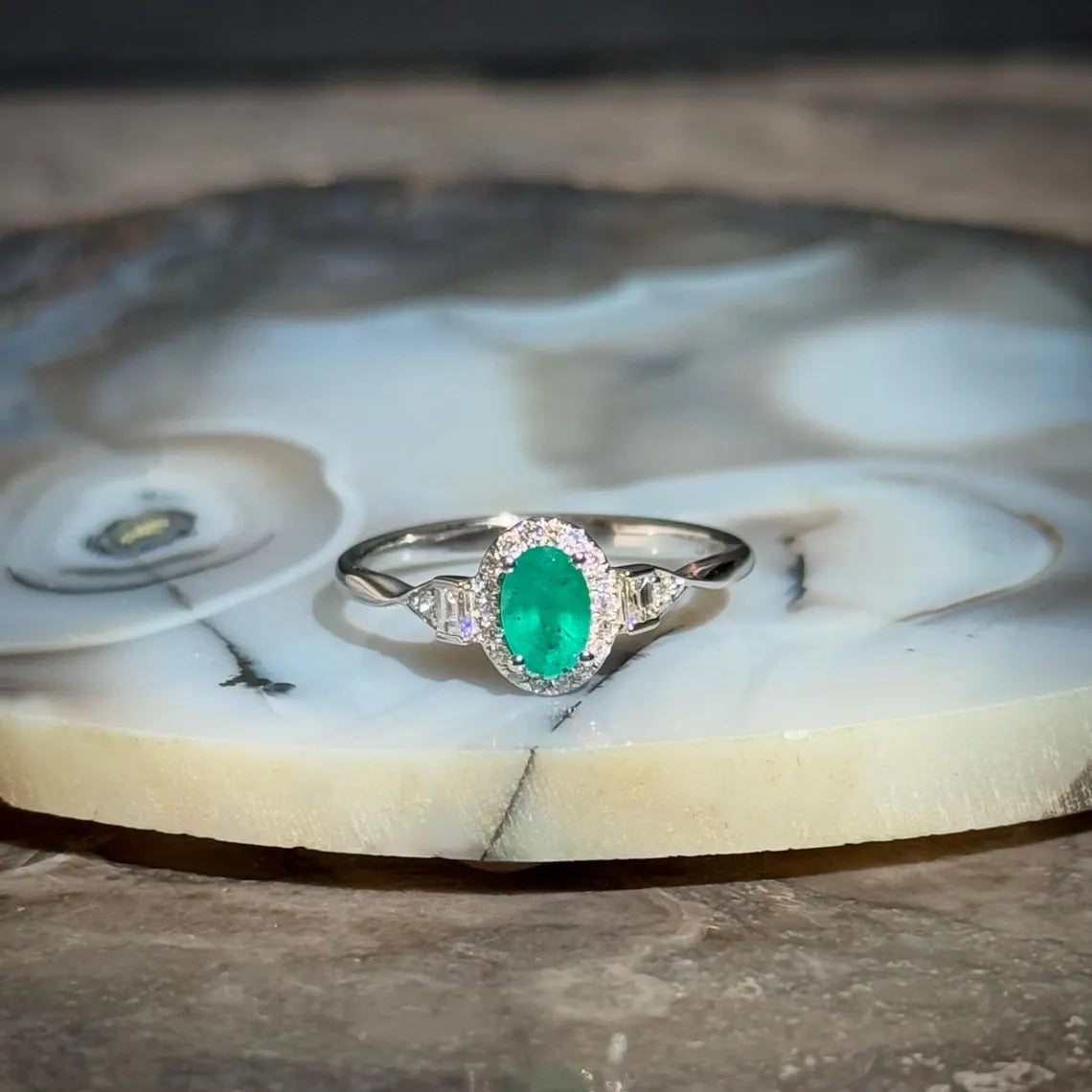 Classy Emerald Diamond Ring in 14k White Gold