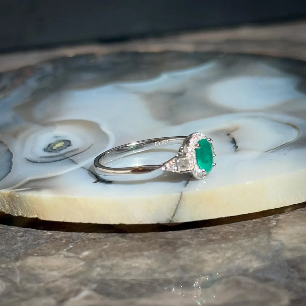 Classy Emerald Diamond Ring in 14k White Gold