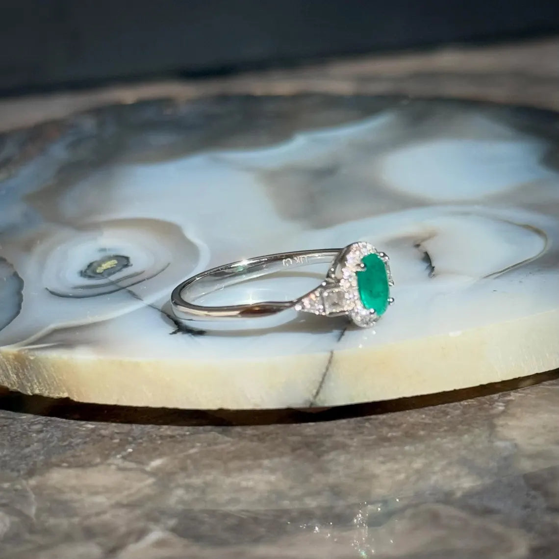 Classy Emerald Diamond Ring in 14k White Gold