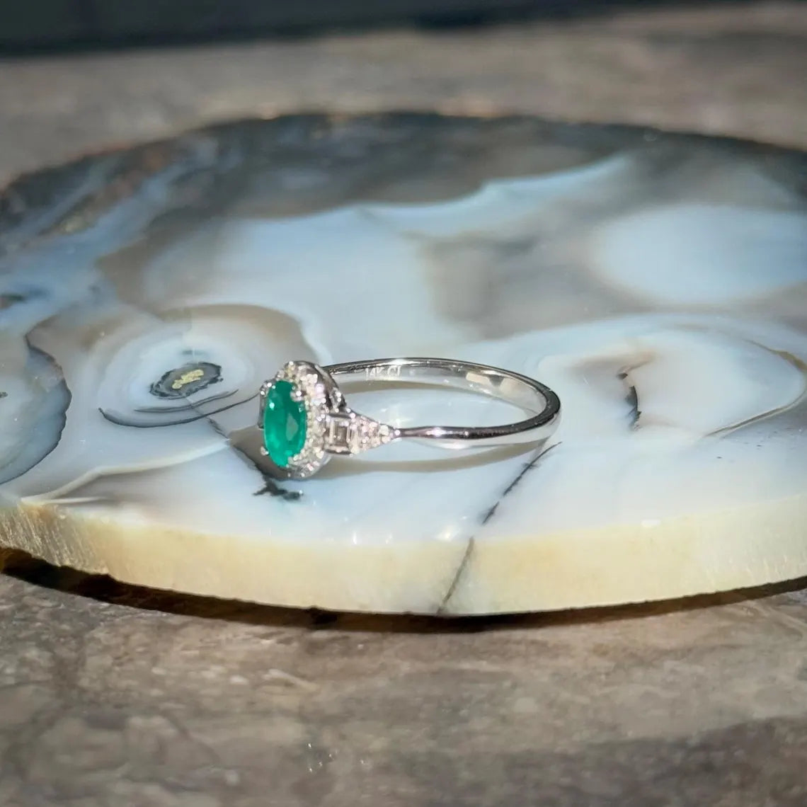 Classy Emerald Diamond Ring in 14k White Gold