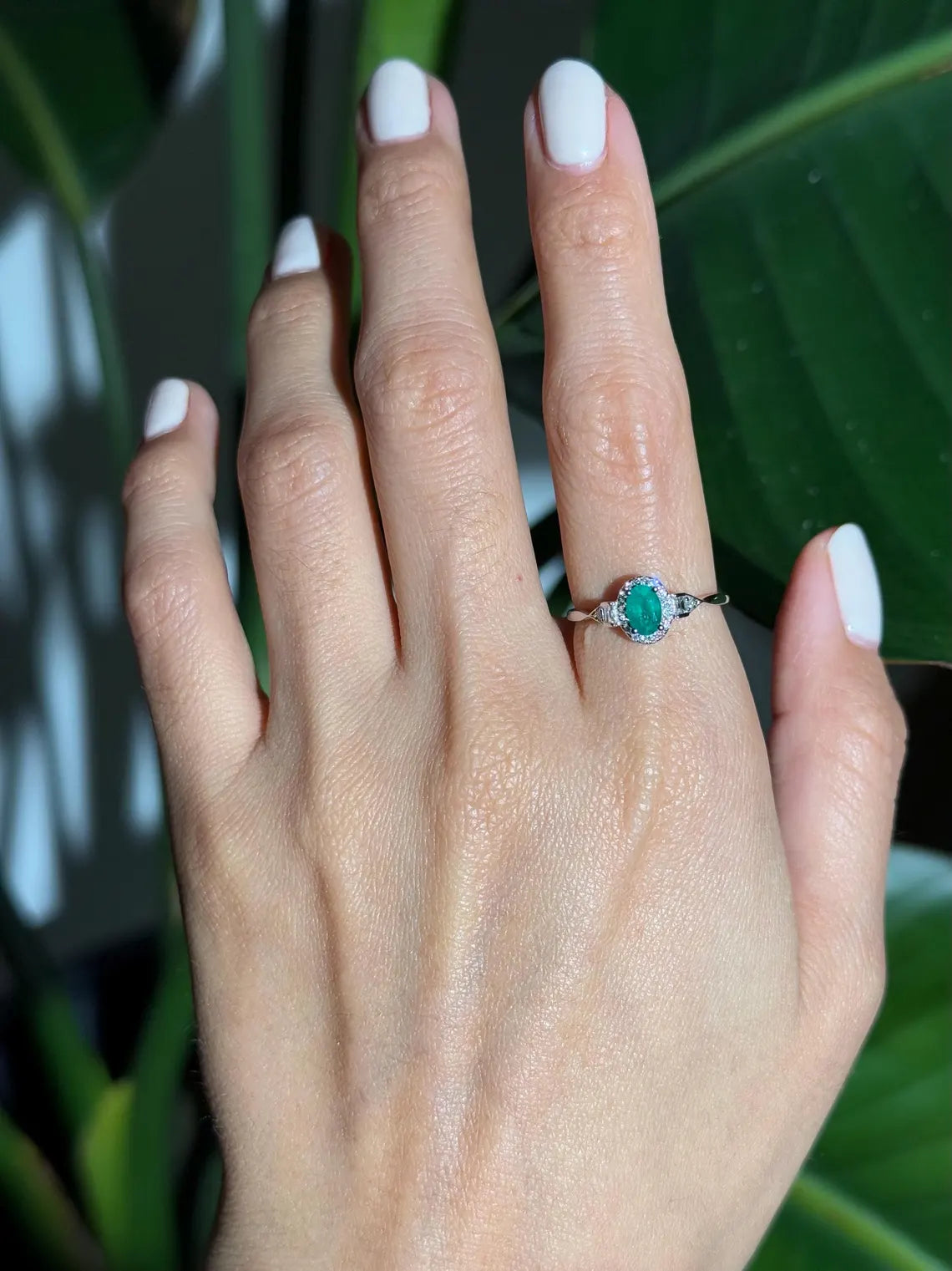 Classy Emerald Diamond Ring in 14k White Gold