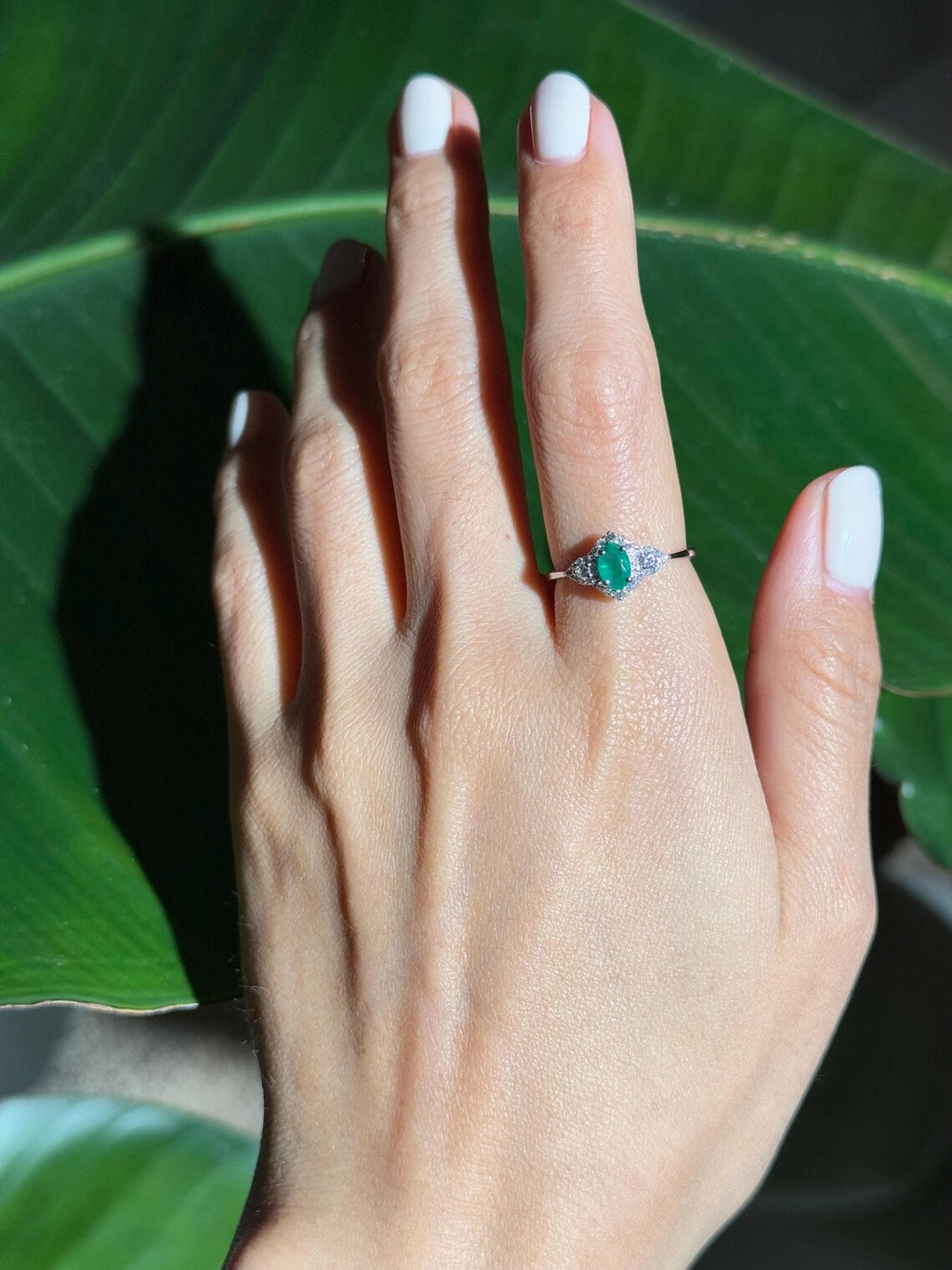 Emerald Diamond Ring in 14k White Gold