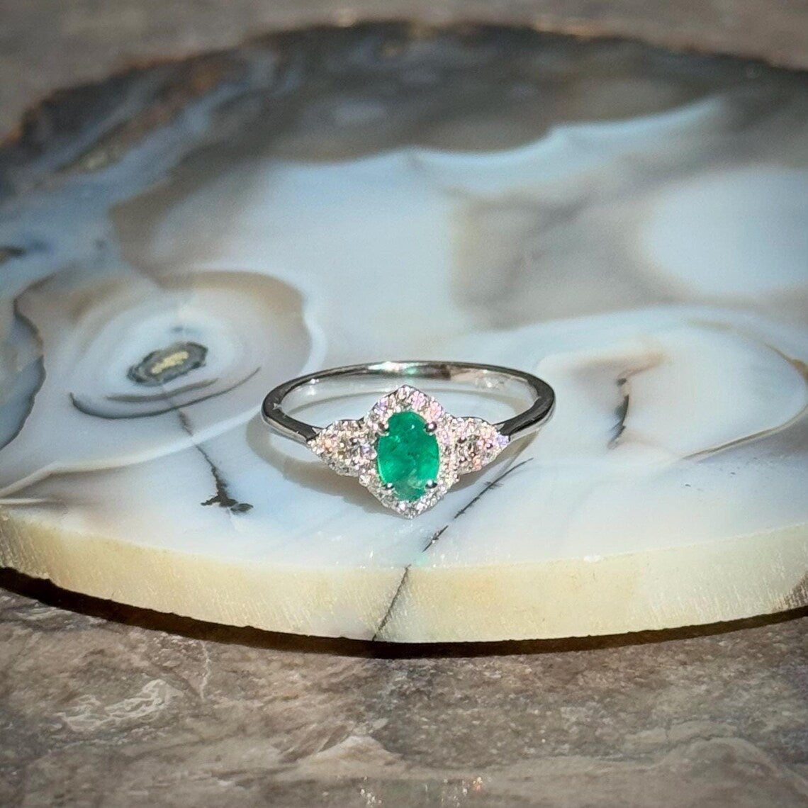 Emerald Diamond Ring in 14k White Gold
