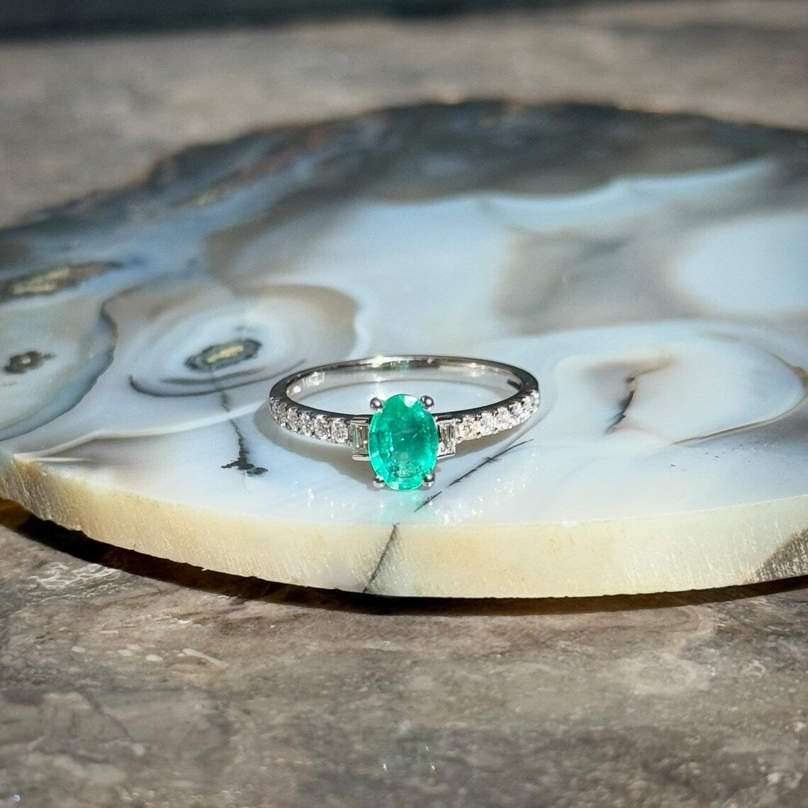 Classy Emerald Diamond Ring in 14k White Gold