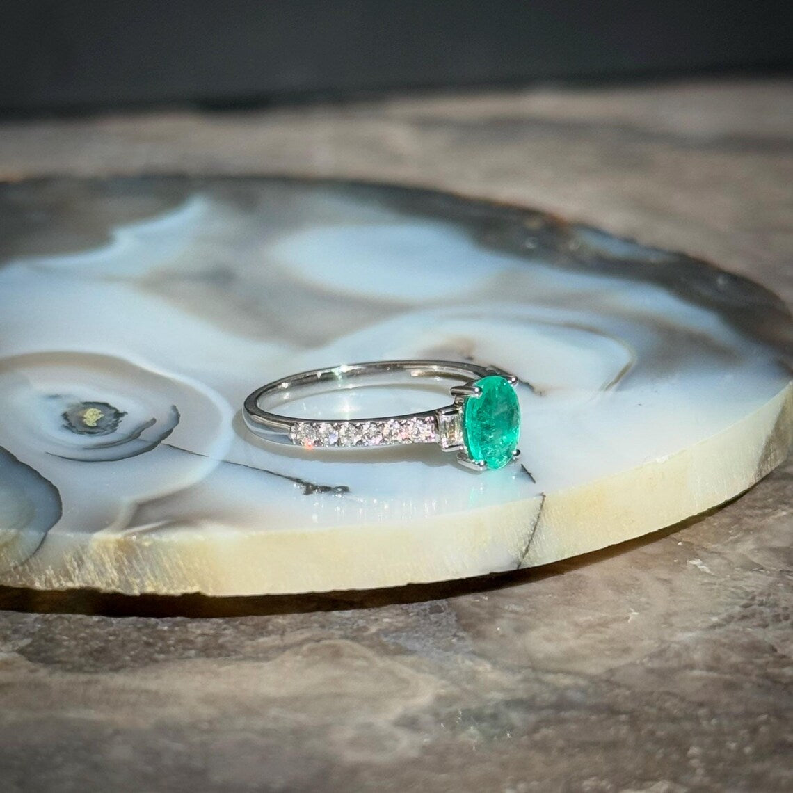 Classy Emerald Diamond Ring in 14k White Gold