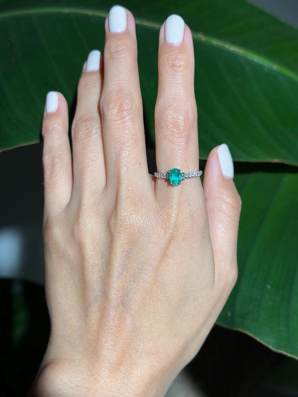 Classy Emerald Diamond Ring in 14k White Gold