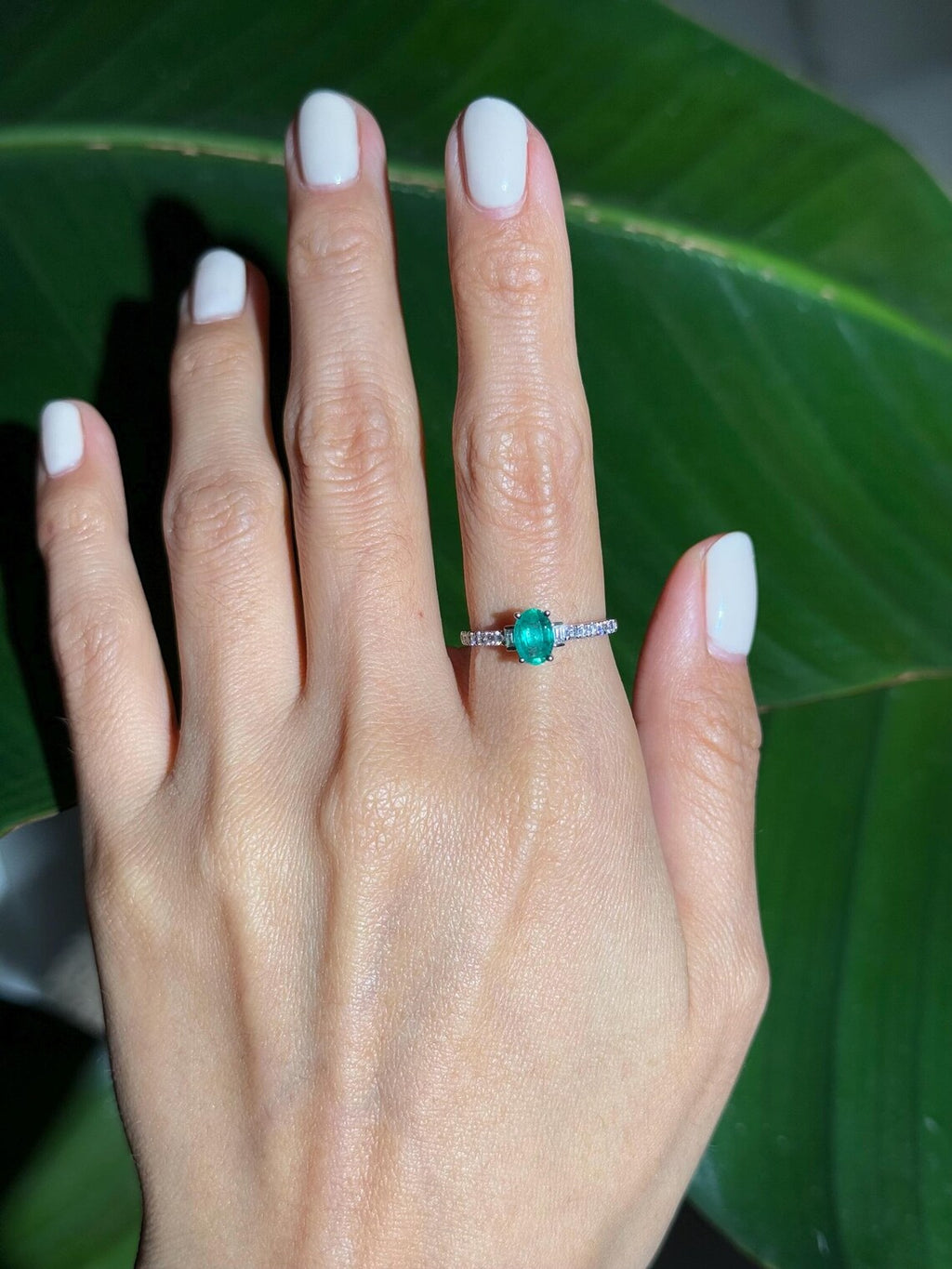 Classy Emerald Diamond Ring in 14k White Gold