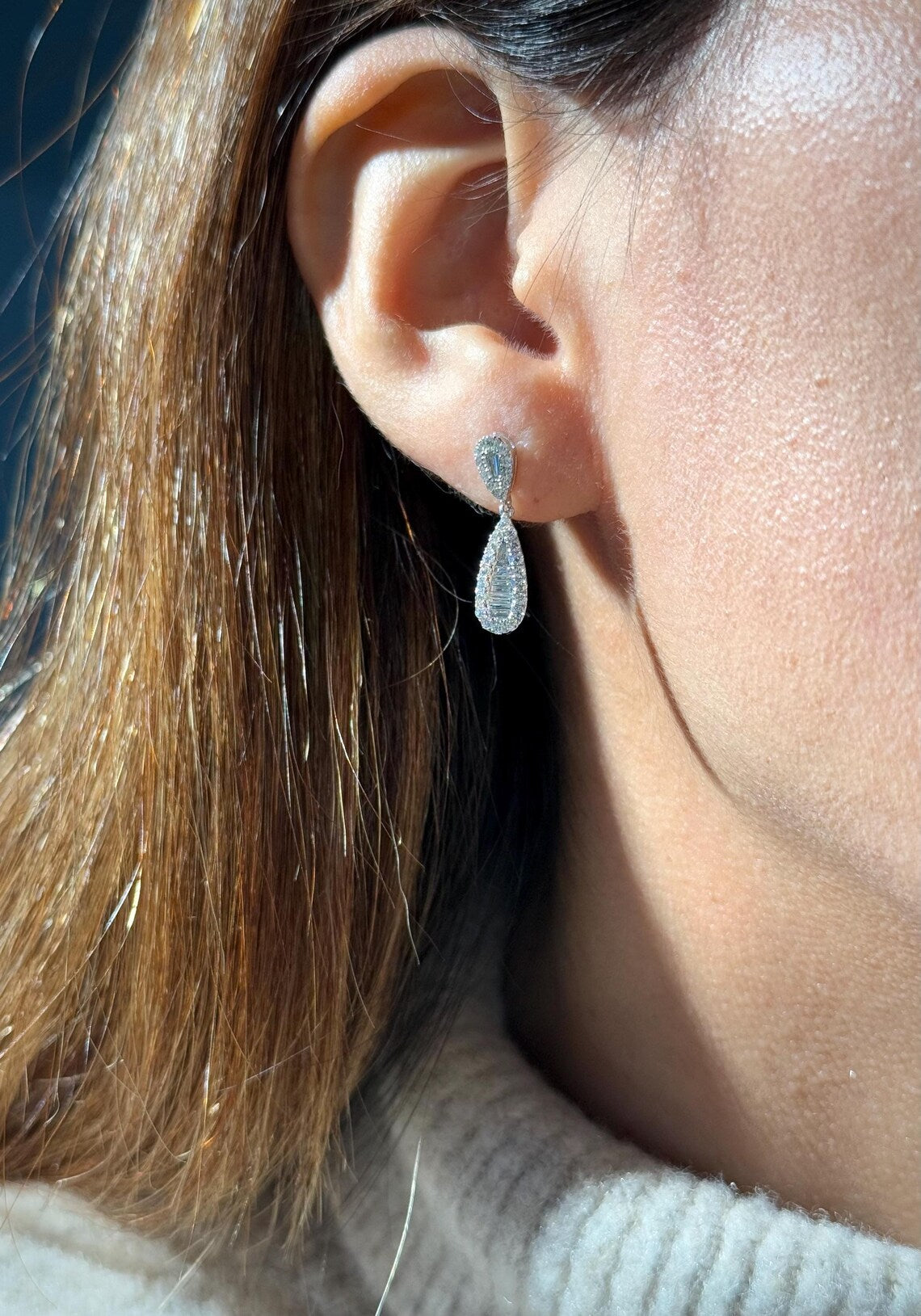 Drop Diamond Stud Earrings in 14k White Gold