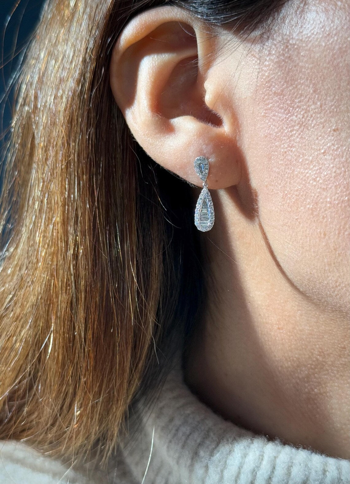 Drop Diamond Stud Earrings in 14k White Gold