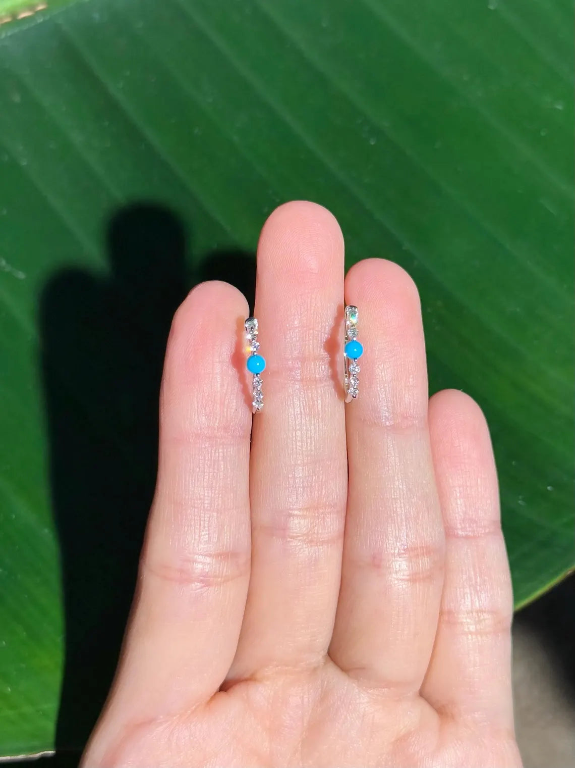 Diamond Turquoise Hoop .55" Earrings in 14k White Gold