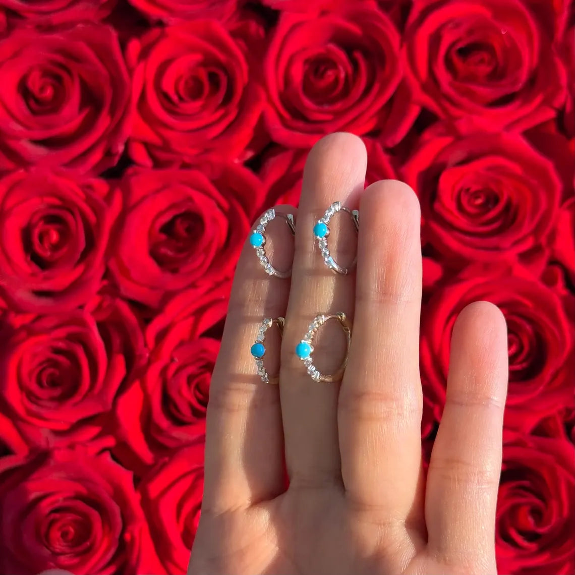 Diamond Turquoise Hoop .55" Earrings in 14k White Gold