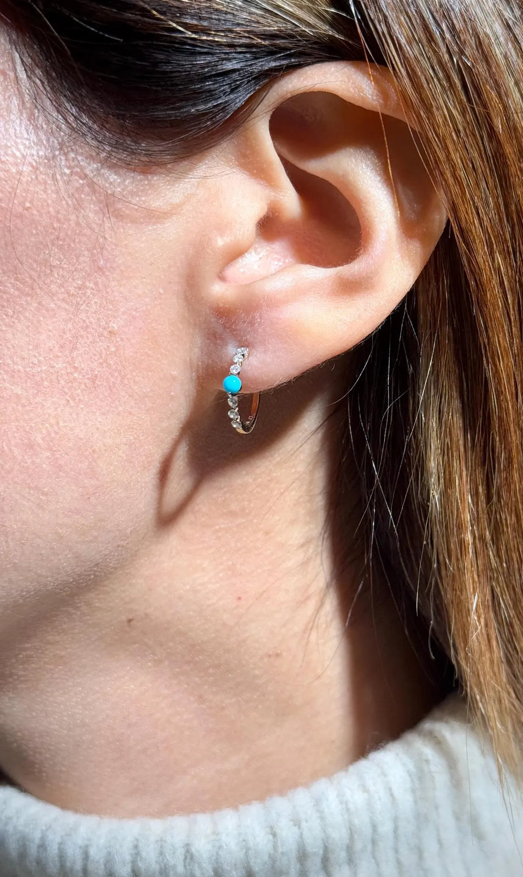 Diamond Turquoise Hoop .55" Earrings in 14k White Gold