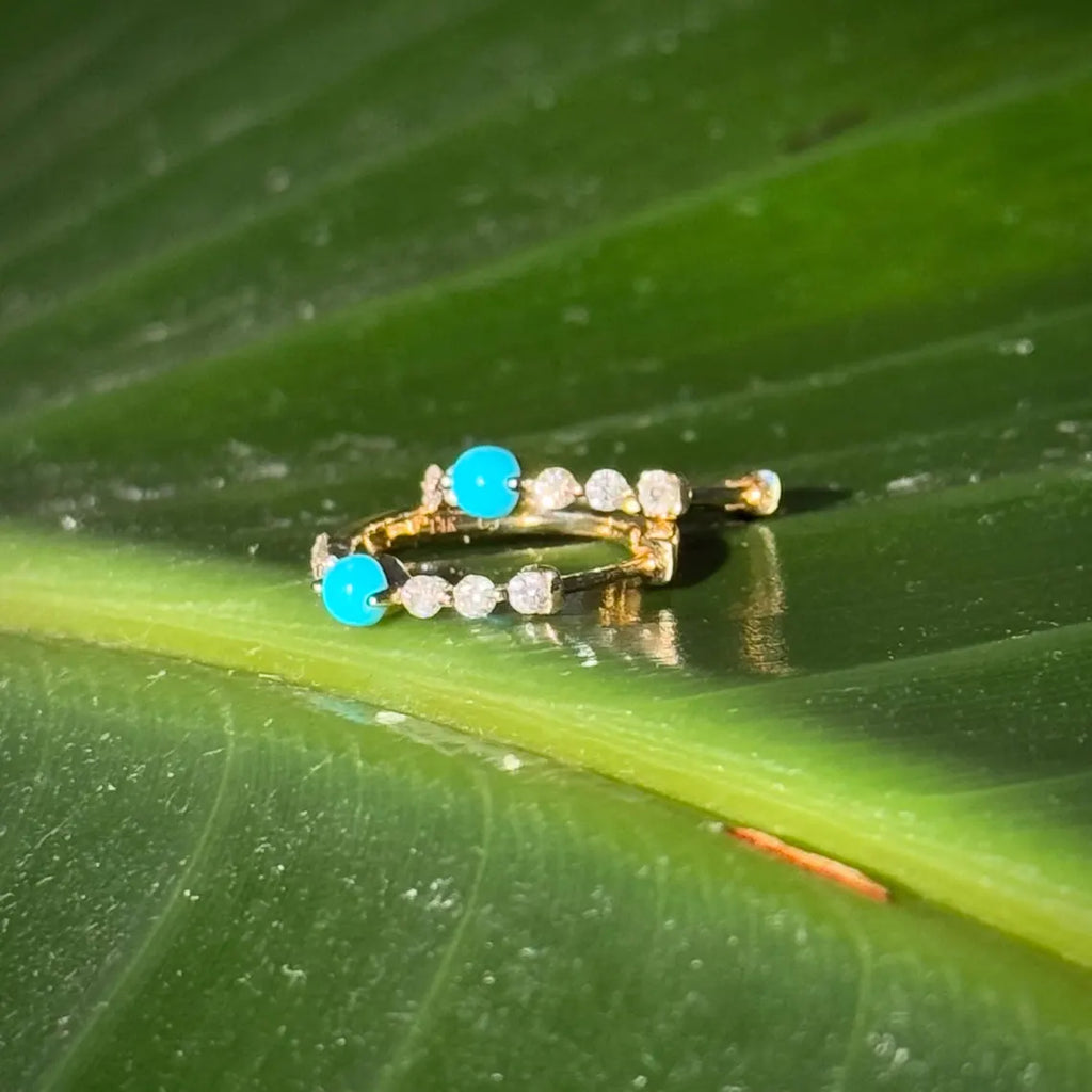 Diamond Turquoise Hoop .55" Earrings in 14k Yellow Gold