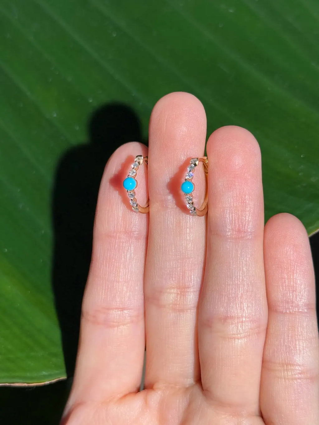 Diamond Turquoise Hoop .55" Earrings in 14k Yellow Gold